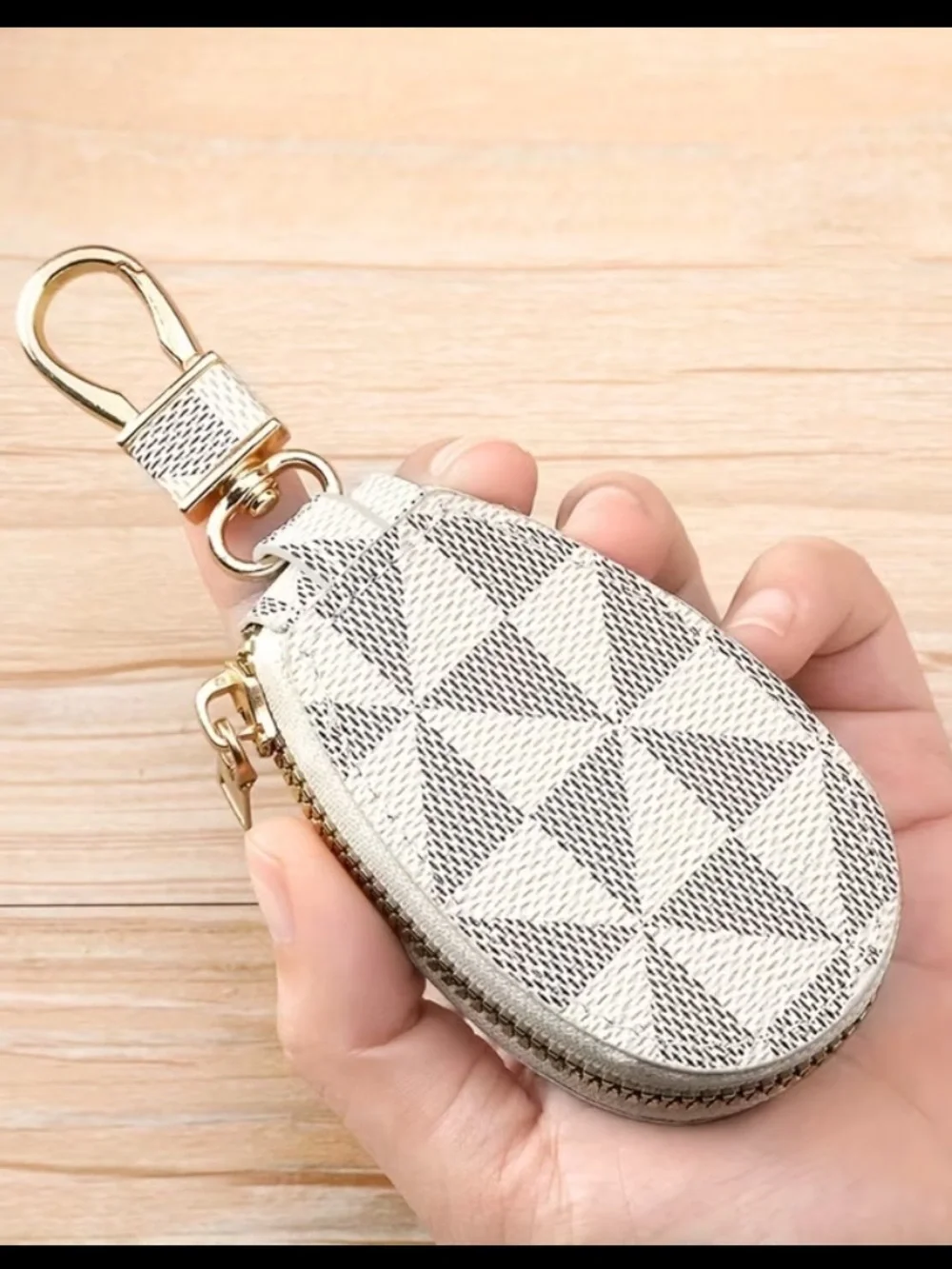 Geometric Zip Key Pouch Bag Charm - White and Gray